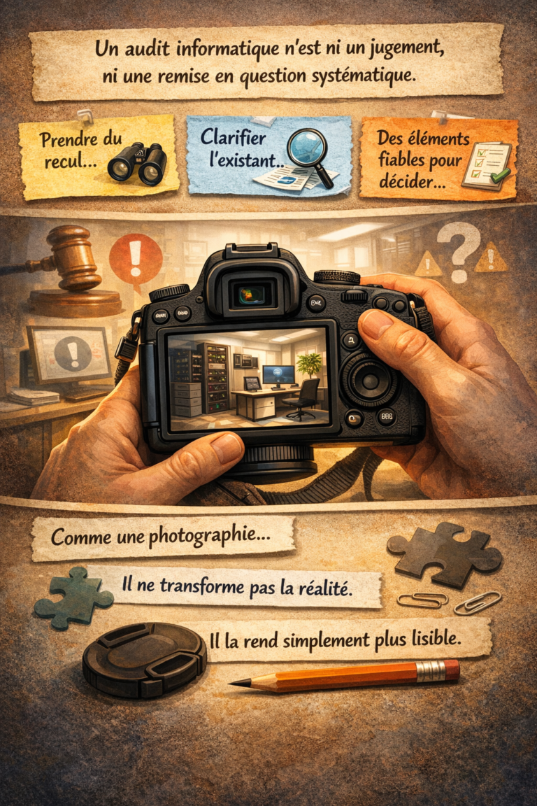 Illustration représentant un appareil photo cadrant un environnement informatique, symbolisant l’audit informatique comme une photographie qui rend la situation plus lisible sans la transformer.