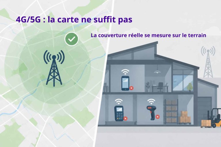 Visuel illustrant l’écart entre une carte de couverture 4G/5G indiquant une zone couverte et la réalité d’un bâtiment professionnel où le signal mobile reste instable.