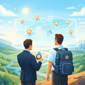 Illustration flat design montrant un dirigeant de PME tenant une boussole aux côtés d’un partenaire IT avec un sac technique, observant ensemble une carte holographique symbolisant la vision stratégique et l’externalisation informatique.