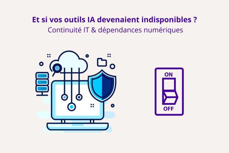 Illustration d’un ordinateur connecté au cloud et protégé par un bouclier, avec un interrupteur ON/OFF symbolisant le risque d’indisponibilité des outils IA.