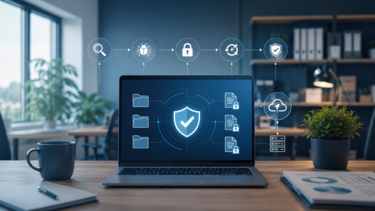 Illustration d’un ordinateur professionnel avec des fichiers sécurisés, des sauvegardes et des icônes de protection contre les ransomwares.