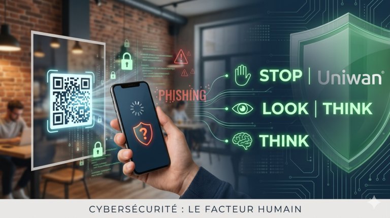 Infographie Uniwan illustrant la méthode STOP-LOOK-THINK pour contrer le phishing et le quishing en entreprise.