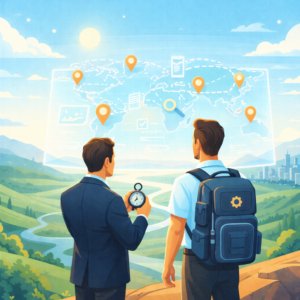 Illustration flat design montrant un dirigeant de PME tenant une boussole aux côtés d’un partenaire IT avec un sac technique, observant ensemble une carte holographique symbolisant la vision stratégique et l’externalisation informatique.