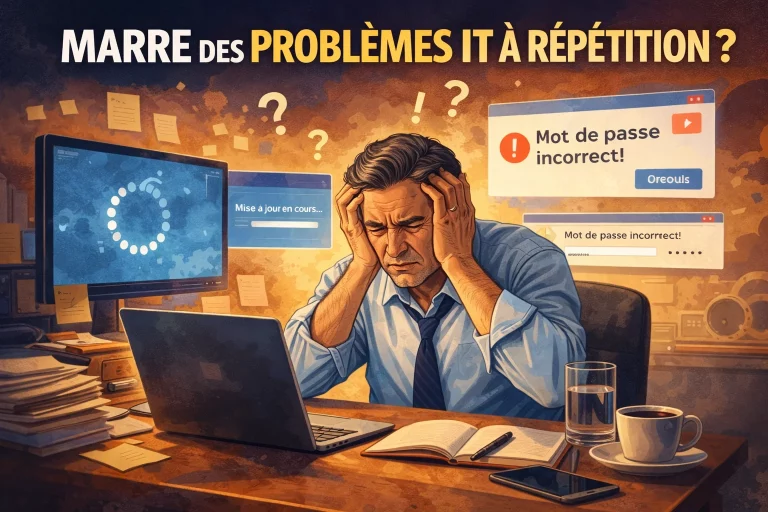 Dirigeant de PME submergé par des problèmes informatiques à répétition, ordinateur lent, mises à jour et mots de passe bloquants